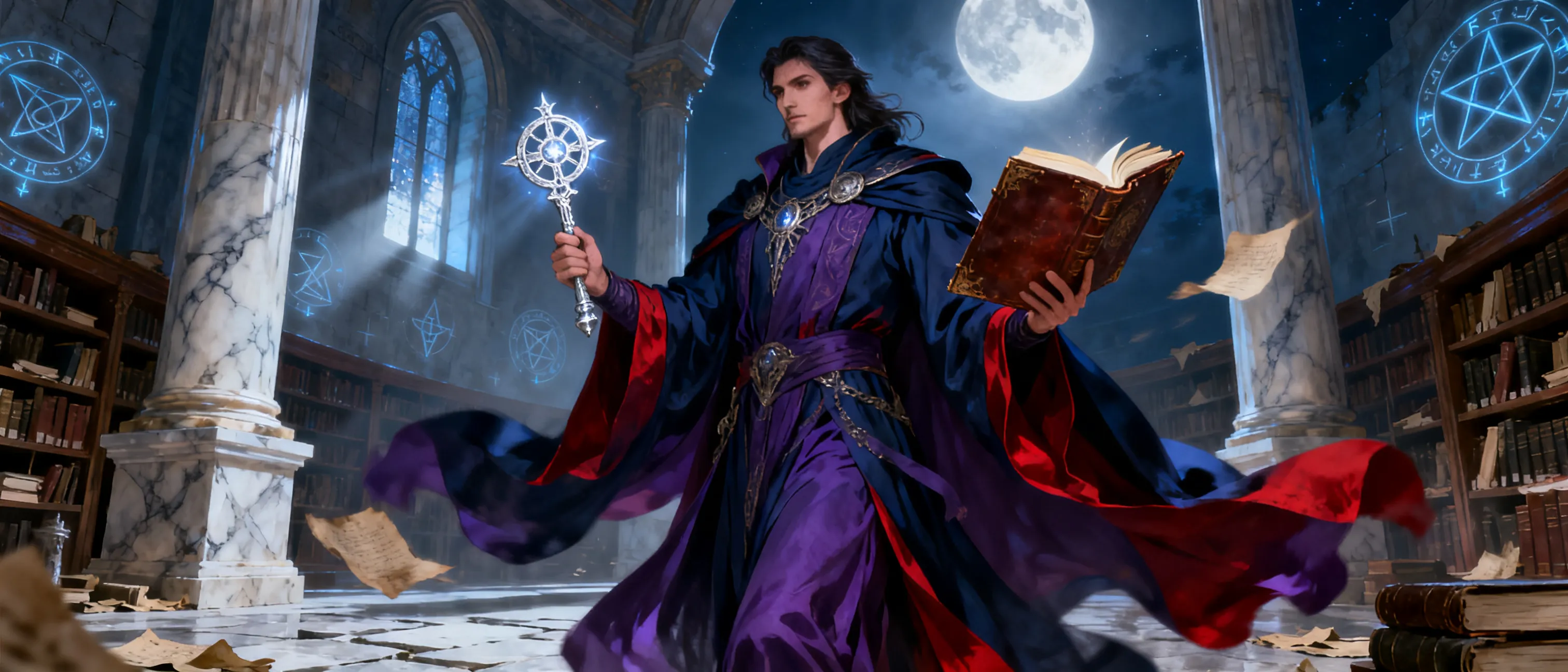 the MALE GOD of wisdom wears dark blues, purples, and red