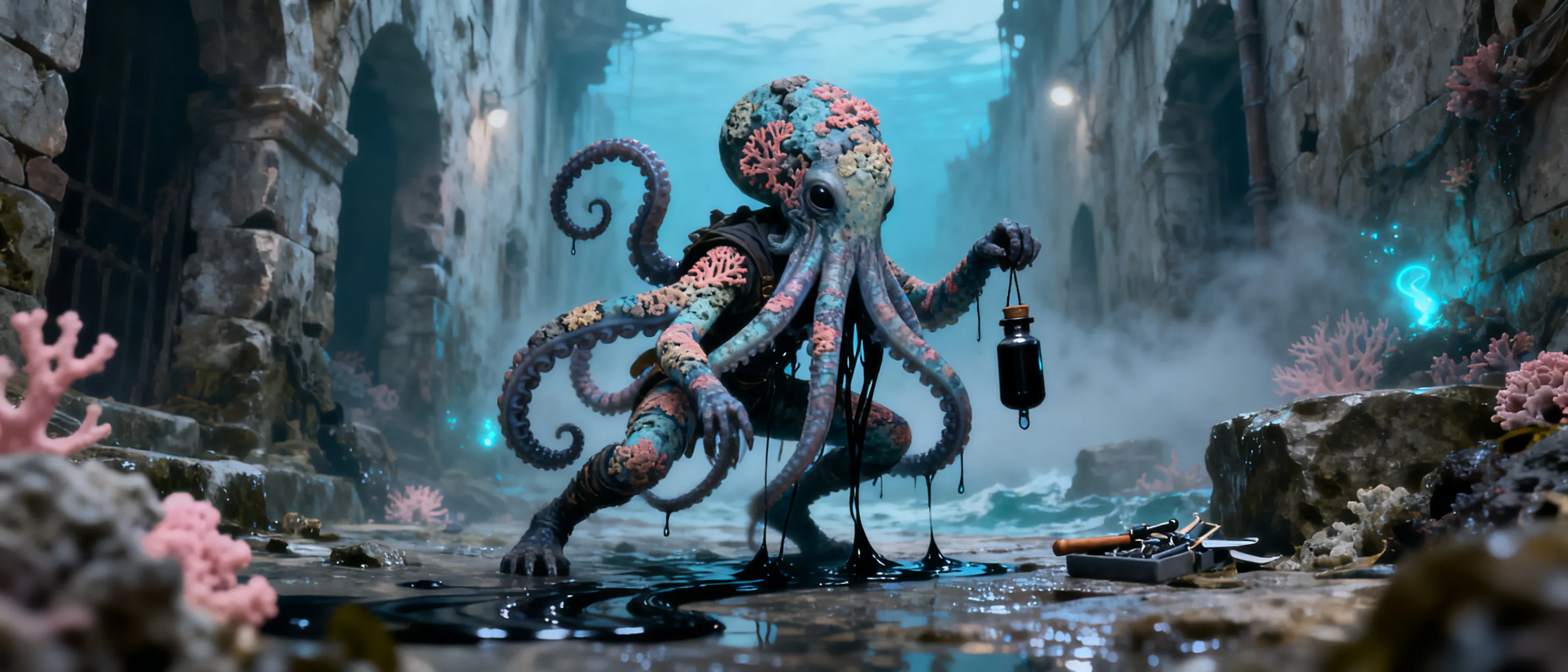 Silt (Cephalopod / Camouflage-Stalker)Base Stats & VitalsRace: Cephalopod (Chromat-Hive)Class: Camouflage-Stalker (Level 1)Background: UrchinHit Points: 9 (1d8 + 1)Armor Class: 14 (Base Unarmored + Dexterity)Speed: 30 ft. walking, 30 ft. climbingSenses: Passive Perception 14Ability ScoresSTR: 10 (+0) | DEX: 18 (+4) | CON: 12 (+1) | INT: 14 (+2) | WIS: 12 (+1) | CHA: 8 (-1)Proficiencies & TraitsSaving Throws: Dexterity (+6), Intelligence (+4)Skills: Acrobatics, Sleight of Hand, Stealth (+9 with skin shift), PerceptionTools: Disguise KitLanguages: Common, Chromat-Flash (Visual sign language)Inventory & CombatTwo Daggers: Melee or Ranged Weapon Attack, +6 to hit, reach 5 ft. or range 20/60 ft. Damage: 1d4 + 4 piercing (Finesse/Light).Gear: Disguise kit, a small token from the reef city she left behind, a pouch of specialized black ink vials, common clothes.
