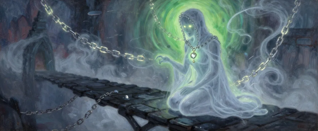 Aethel's Echo is a translucent, god-shaped silhouette of drifting silver mist, roughly humanoid but indistinct at the edges, hovering an inch above the black stone bridge of the Core. Broken chain links orbit its body in slow orbits, glowing with soft white-gold light, and a single intact chain-link hangs at its chest like a holy symbol where a heart would be. Its face is a suggestion of kindness—two points of warm light where eyes would be, framed by a hood of woven chains. When it speaks, the air fills with the faint sound of a bell and rattling iron. Behind it, the sickly green glow of the Core of Guilt reflects off its spectral form, and its shadow on the floor is not a god's shadow, but that of a kneeling priest, weeping.
