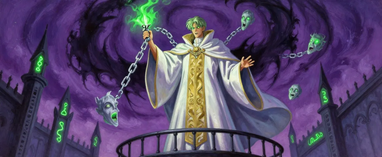 A tall, gaunt figure standing on an iron balcony above a prison yard, his form constantly shifting between a stern mortal priest in tarnished white-and-gold vestments and a writhing silhouette of living shadow rimmed with sickly green light. His eyes burn like green embers; chains of ghostly light drift around him, each link engraved with a screaming face. In his hand he holds a broken chain symbol — a whole chain, snapped in the middle — and his expression is that of a judge hiding unbearable pain. Behind him, the swirling purple vortex of the Phantom Zone sky and the spires of the Bastion, runes glowing green.