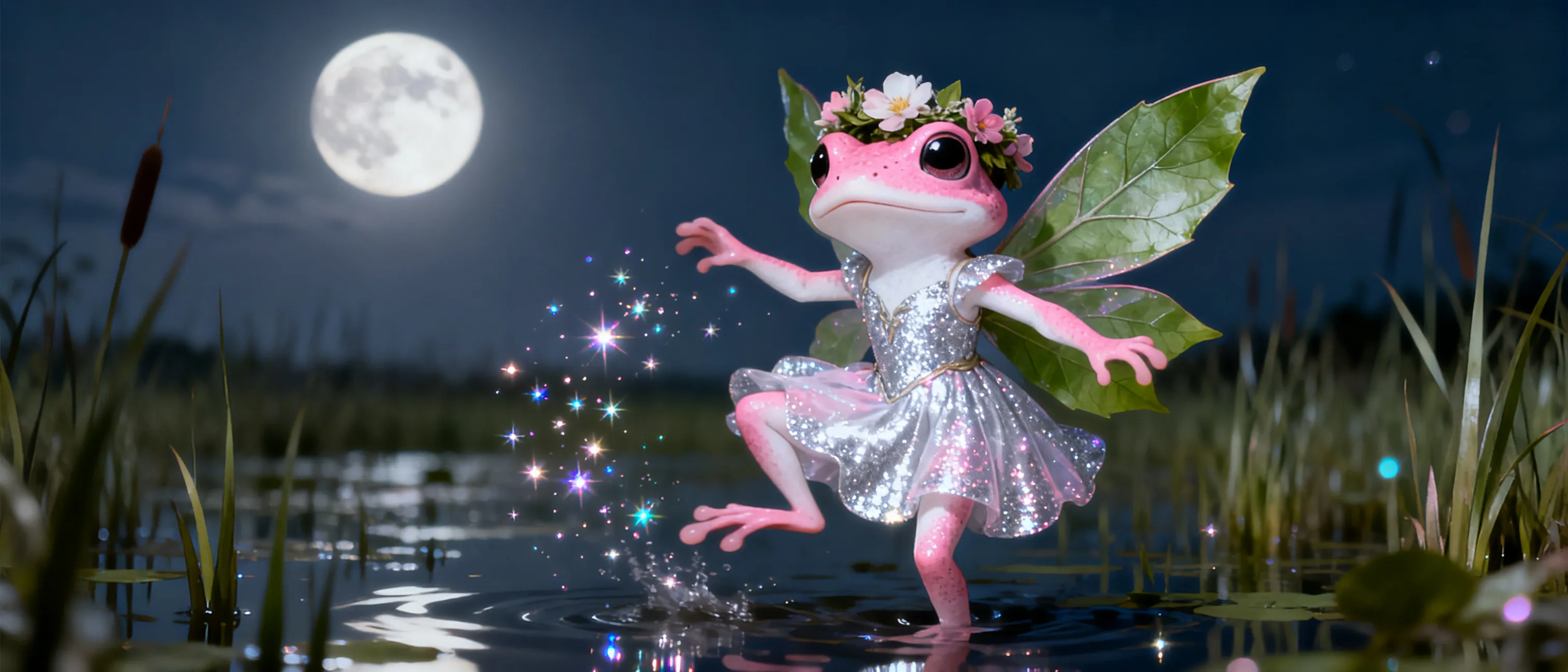 Cute,small pink and white frog who dresses as a fairy, shes a druid who likes to sprinkle glitter everywhere