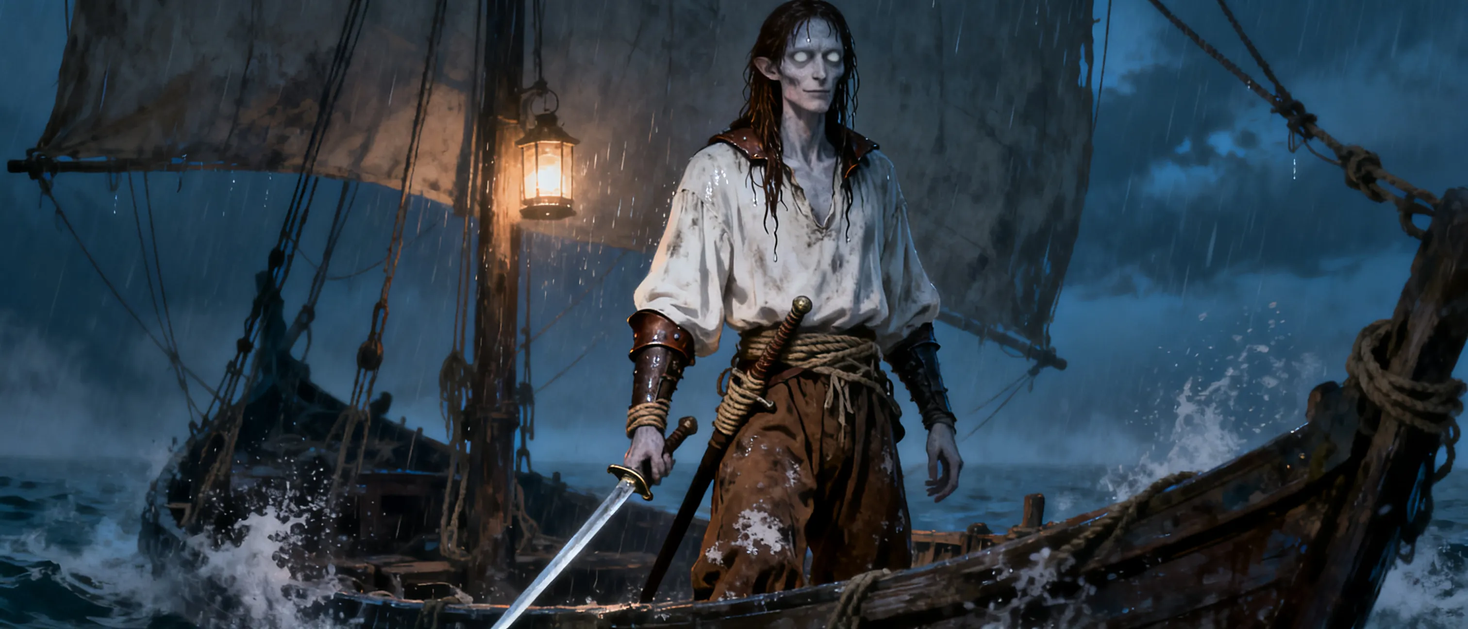 Name: Varin Brovelart

Race: Half Elf (Reborn Lineage)
Class: Battlemaster
Gender: Male
Alignment: Lawful Neutral
Abilities: Undead nature, Darkvision, Fey Ancestry, Knowledge from Past Life
Personality Traits: Honorable, Fair, Friendly
Flaws: Quiet, afraid of fighting dirty, forgets that not everyone is resilient as him
Appearance: Deathly pale, gaunt, milky white eyes with milky grey irises/pupils, messy long dark brown hair (it seems to be always wet for some reason…), always wears practical clothing (he wears leathers underneath his dirty white baggy shirt and dirty brown baggy pants)
Weapon of Choice: Rapier
The character is an amnesiac who woke up trapped in a fishing net, terrifying the crew who believed he was a corpse. He stayed with the ship to piece together his identity, taking his first name from the captain and inventing his own surname. After a deadly storm killed everyone else on board, he wandered the ocean alone until he found refuge with the player party's