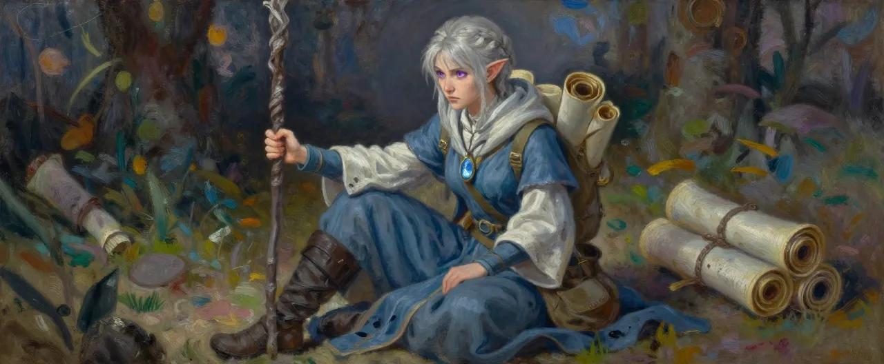 A slender high elf scholar in her second century, with pale silver hair braided tightly back and sharp violet eyes that never stop moving. She wears layered traveling robes of slate blue and ivory, ink-stained at the cuffs, with a sage's satchel heavy with scrolls slung across her back. In one hand she carries a worn ashwood quarterstaff; around her neck, on a cord she reflexively hides under her collar, hangs a small moonstone focus that glows faintly blue in the dark. Her boots are road-worn from the ashen Marches, and her expression is the particular scowl of someone who has just found a question she cannot put down.