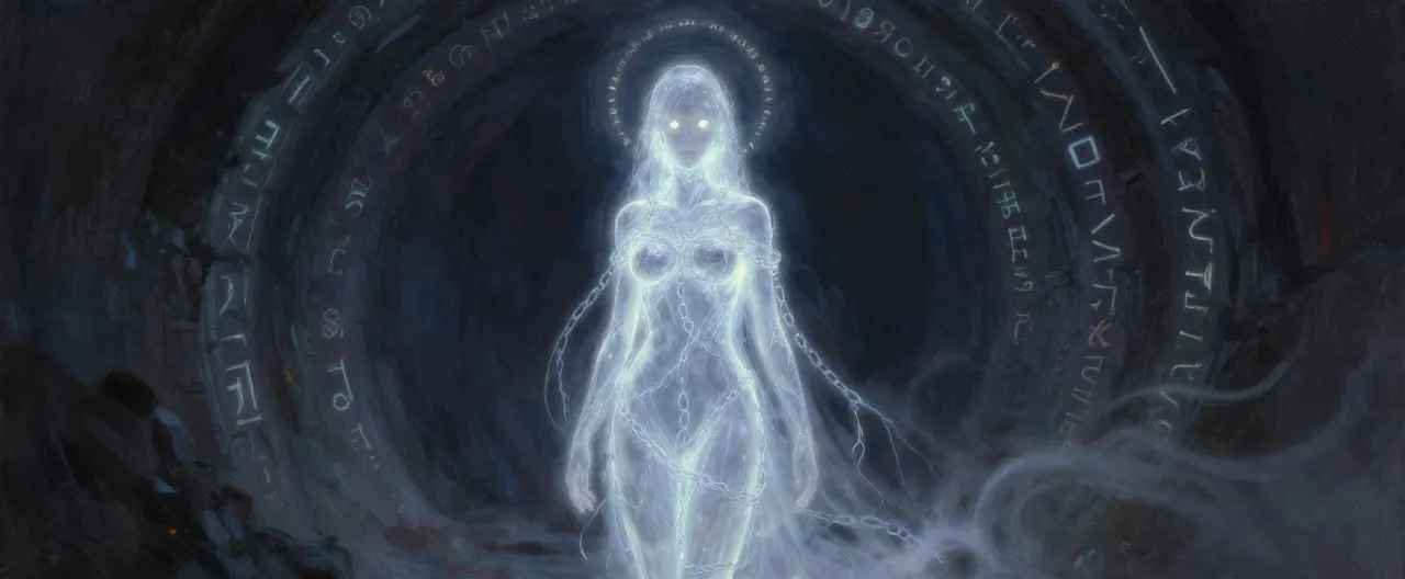 A translucent, luminous figure drifting through a dark stone tunnel, its body a shimmer of pale silver light woven from countless spectral chain links. Where a face should be, only a soft radiance and two points of warm white light. Faint glowing runes in an ancient script orbit its shoulders like a broken halo. Its lower body dissolves into wisps of mist that trail along the tunnel floor, and the walls around it faintly glow with the same rune-script, responding to its presence.
