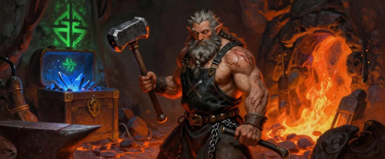 A stocky, broad-shouldered dwarf-like man with a thick braided beard streaked with ash, standing at a massive anvil beside a slow lava flow. His leather apron is black with soot and crossed with old burn scars; his forearms are corded and scarred from decades at the forge. He wears scavenged chain mail beneath the apron and grips a well-worn warhammer whose head is polished mirror-bright from use. Behind him, a locked chest glows faintly with shards of starlight-blue metal. Green prison runes pulse dimly on the cavern walls, and his eyes—deep-set, wary, and ancient—reflect the lava's orange glow. Painterly dark-fantasy style, dramatic forge lighting, somber and stoic mood.