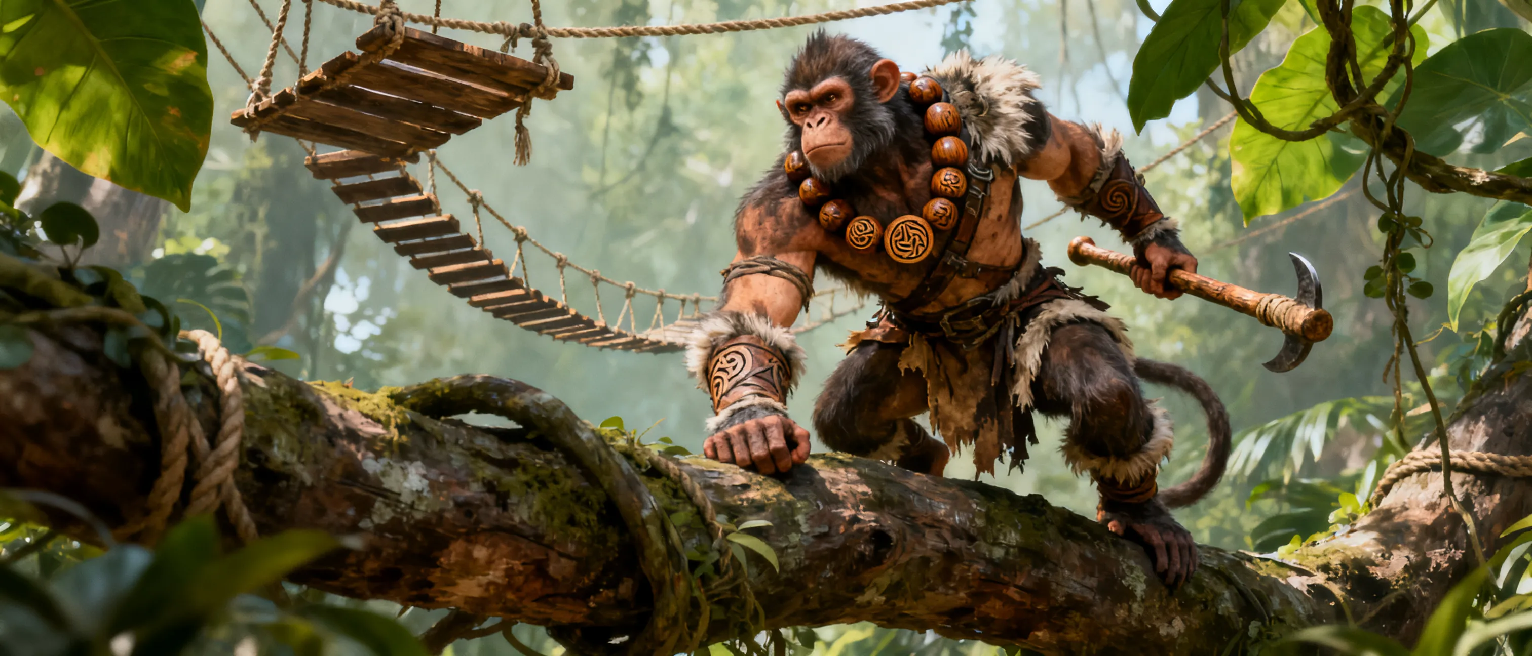 Borne of Canopy (Simian / Canopy-Vanguard)Base Stats & VitalsRace: Simian (Canopy-Kin)Class: Canopy-Vanguard (Level 1)Background: Guild Artisan / TraderHit Points: 12 (1d10 + 2)Armor Class: 15 (Hide Armor + Dexterity)Speed: 30 ft. walking, 30 ft. climbingSenses: Passive Perception 11Ability ScoresSTR: 16 (+3) | DEX: 14 (+2) | CON: 14 (+2) | INT: 12 (+1) | WIS: 10 (+0) | CHA: 10 (+0)Proficiencies & TraitsSaving Throws: Strength (+5), Dexterity (+4)Skills: Acrobatics, Athletics, Insight, SurvivalTools: Carpenter's ToolsLanguages: Common, Simian Trade-BanterInventory & CombatQuarterstaff: Melee Weapon Attack, +5 to hit, reach 5 ft. Damage: 1d6 + 3 bludgeoning (or 1d8 + 3 if used with two hands).Improvised Rock/Heavy Branch: Melee or Ranged Attack, +5 to hit. Damage: 1d4 + 3 bludgeoning (+1d6 extra damage if attacking from a 5+ ft. vertical advantage).Gear: Hide armor, Carpenter's tools, a scale for weighing jungle goods, 15 gp of exotic hardwood beads.