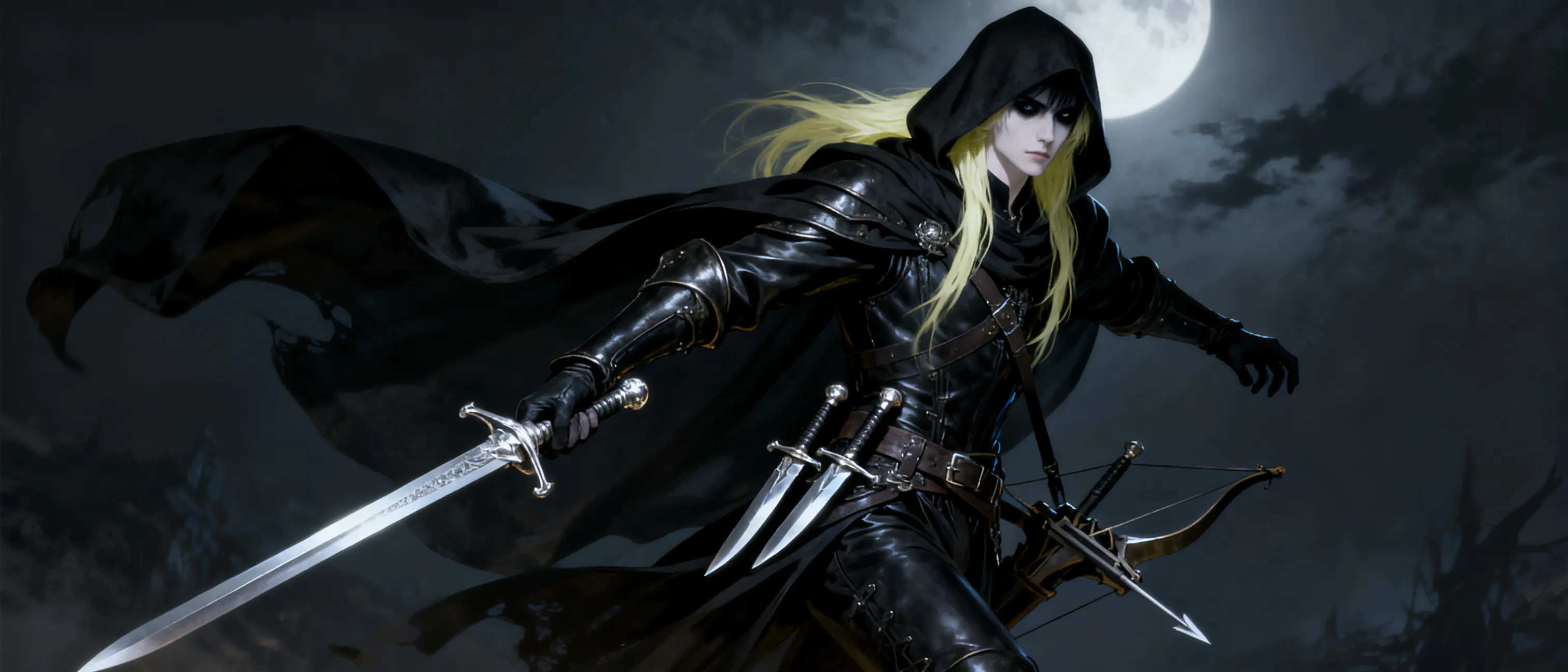 Name: Adrian Von Mercer

Alignment: Lawful Neutral or Neutral Good (I can’t decide)

Weapons: Silver Rapier, Hand Crossbow (later in the story), 2 steel daggers

Appearance: Long pale yellowish blond hair, pale skin, black irises, wears a black hooded cloak and leathers underneath.

Gender: Male

Race: Human (Dhampir Lineage)

Class: Swashbuckler Rogue

Background: Noble

Born into the suffocating luxury of Volkinair Castle, this dhampir noble secretly loathed his evil father and the cruel, animalistic nature of vampiric society. Viewing his noble status as a curse that masked weakness, he spent his youth avoiding his father by studying forgotten books and navigating the castle's secret passageways. He used these hidden tunnels to save human "cattle" during grand galas and managed his own vampiric hunger by secretly drinking stored animal blood in a forgotten cellar. Now, under the false pretense of securing trade routes and subjugating rival families for his father, he