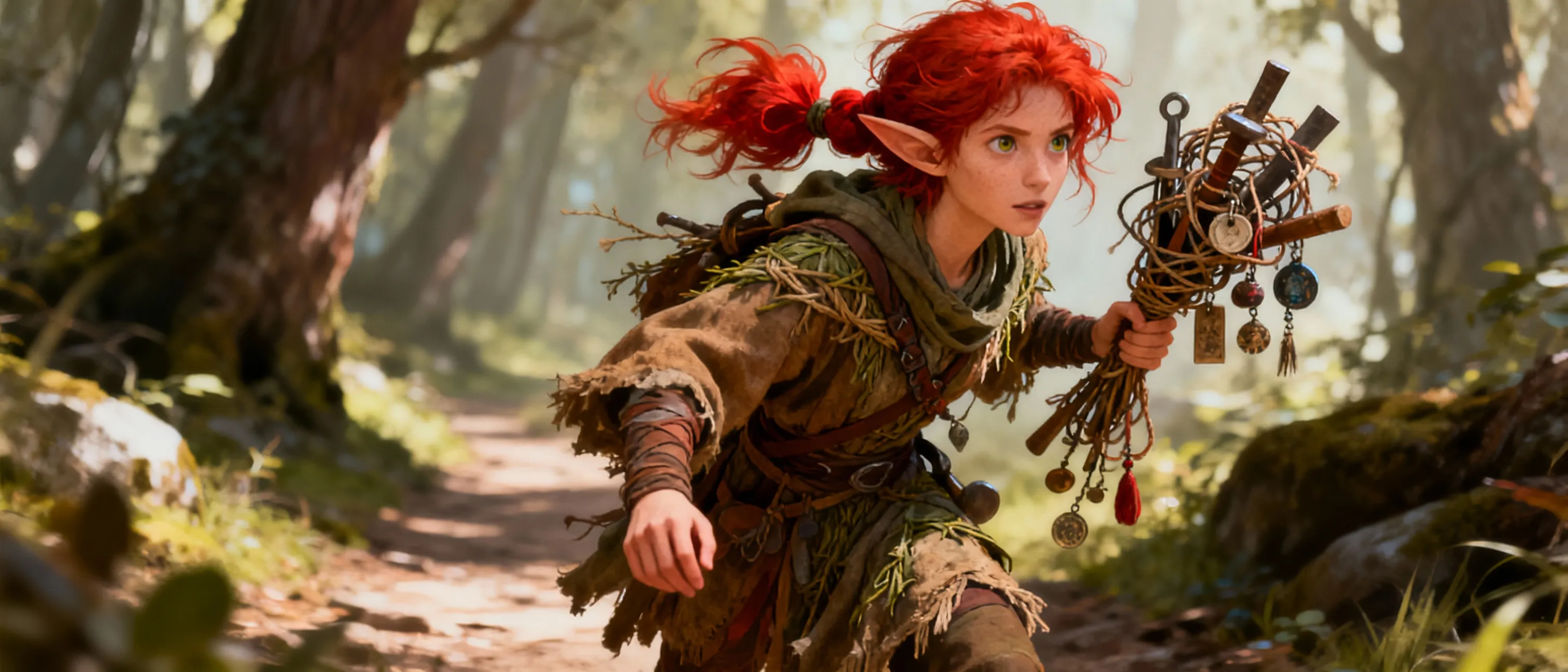 Elf, Cleric, crafter, 5’3, red hair with messy pigtails. Can craft things out of anything. Loner, likes nature, has a hidden power that she hasn’t discovered yet.  