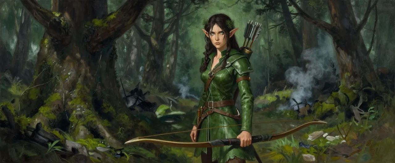 A lean wood elf scout in mottled green leathers stands half-hidden in the shadow of a mossy oak at the edge of a burned forest clearing. Her long dark hair is braided with pine sprigs, and ash smudges one cheek. A longbow of pale ashwood is strung at her side, a quiver of grey-fletched arrows across her back. Her pale grey-green eyes are narrowed in suspicion, fixed on the viewer, one hand resting on the fletching of a nocked arrow. Behind her, the forest is a wall of dark green eaves, with distant smoke rising over the Sundered Marches. Painterly fantasy art, muted greens and greys, dappled forest light, tense and watchful mood, portrait orientation.