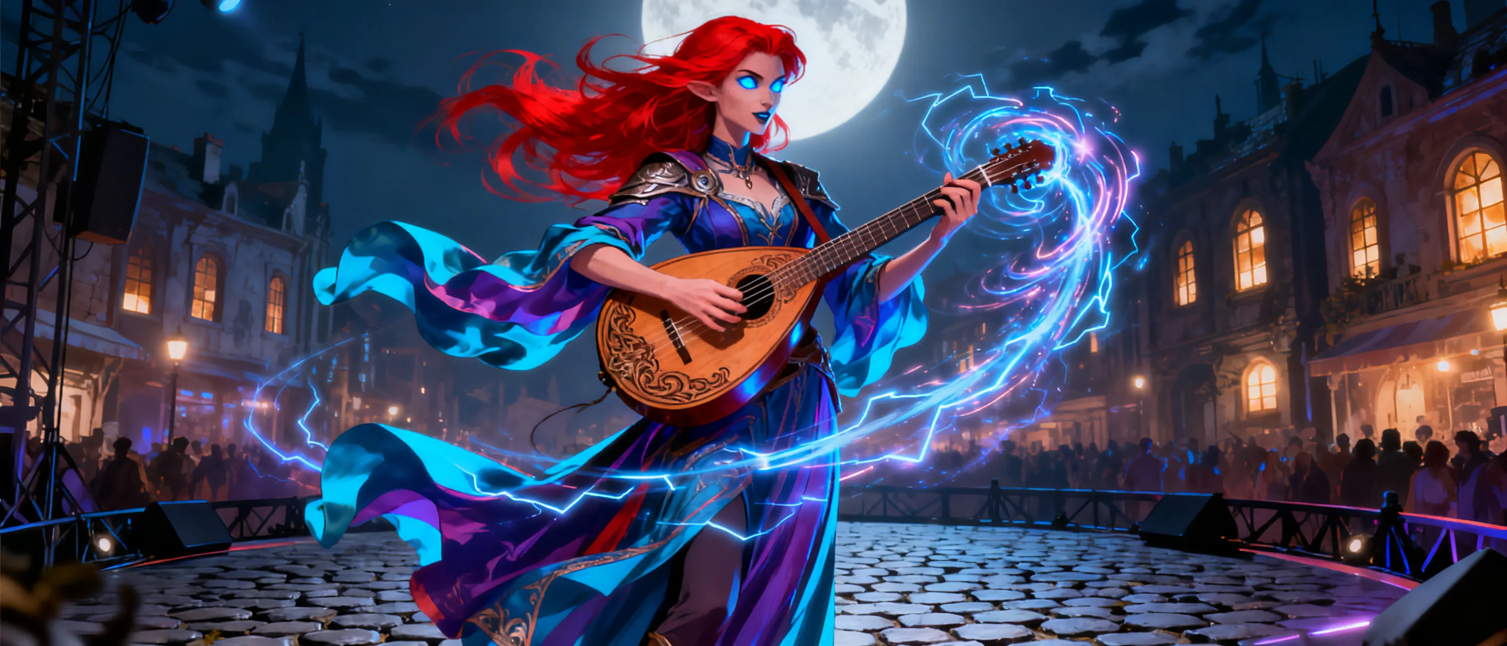 the god of music has long red hair, bright blue eyes, wears vibrant clothes, and carries a lute
