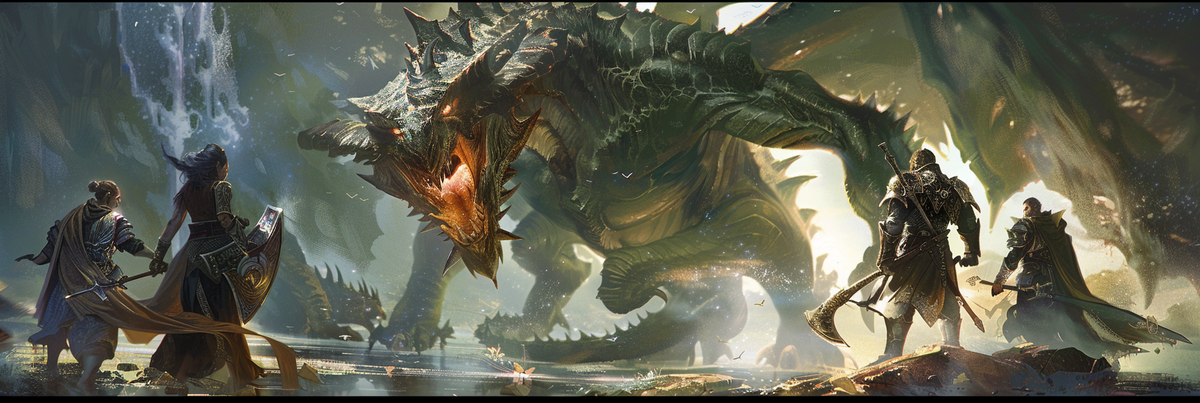 A group of adventurers fighting a dragon